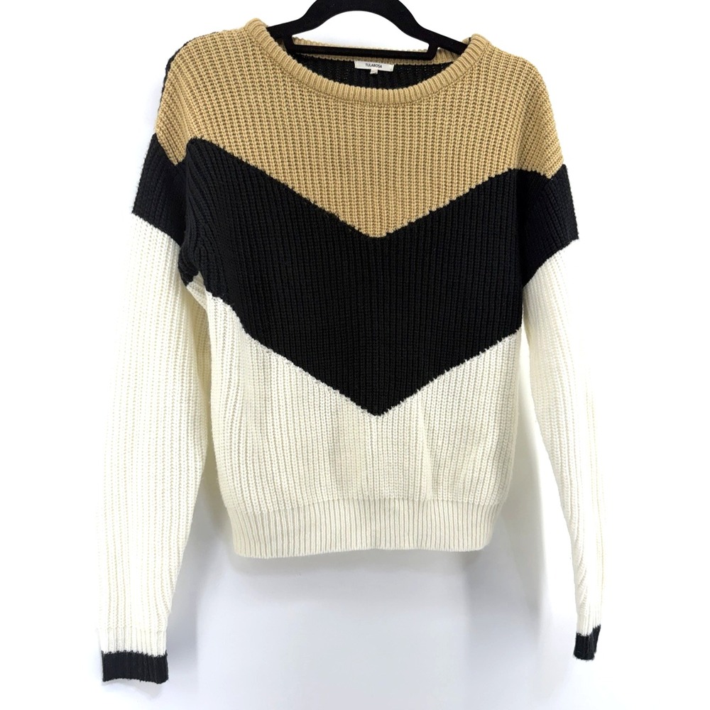Tularosa Tan Black Chunky Chevron Crop Knit Sweater Soft Cozy Preppy Women S EUC
